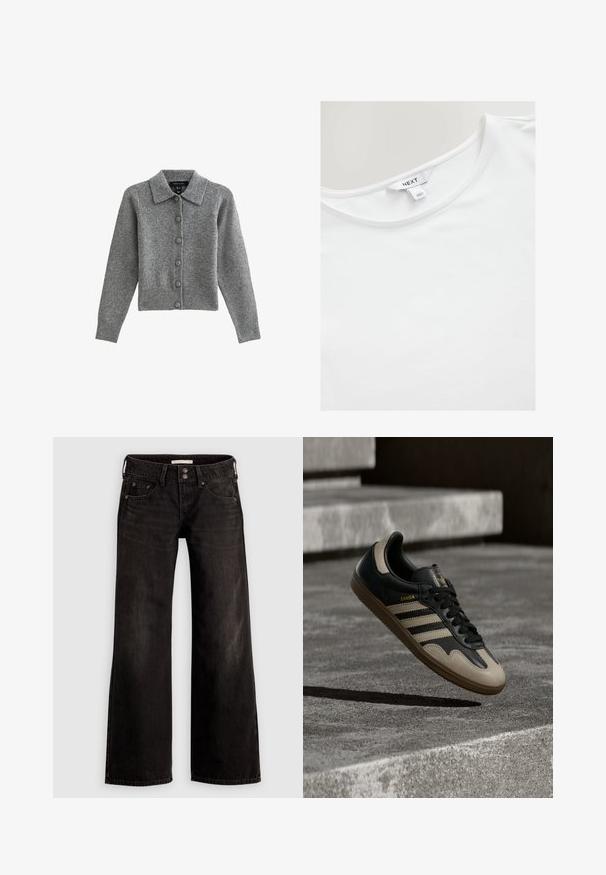 Cárdigan gris con cuello, con botones en el frente y dobladillo acanalado. Fabricado con tejido suave, cuenta con mangas largas y seis botones a juego.; Camiseta de manga corta blanca de algodón suave, con un escote redondeado y una etiqueta con "NEXT" en la parte interna de la espalda.; Jeans negros de pierna ancha con un acabado ligeramente desteñido, que cuentan con bolsillos frontales, cierre de cremallera y botón. Hechos de tela vaquera.; Zapatilla de cuero negra y beige con tres rayas blancas, suela de goma beige y detalles dorados "Samba" en el lateral.