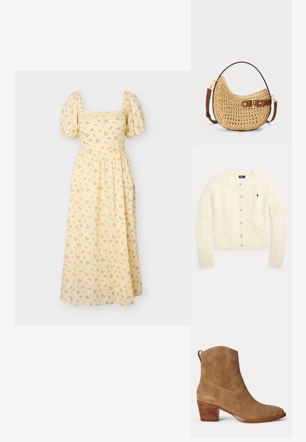 Kremfarvet kabelstrikket cardigan med lange ærmer, knapper foran, ribstrikkede manchetter og kant samt navyblåt broderet Polo Ralph Lauren-logo på brystet.; Gul midi-kjole med pufærmer, firkantet udskæring, delikat blomsterprint og rynket talje.; Brun ruskind ankelstøvle med lav stabil træhæl og trækkemærke bagpå på en ensartet lys baggrund.; Vævet halmmulesæk med en buet form, brunt læderstrop med spænde og en naturlig tan farve. Tekstureret overflade med synlige sting.