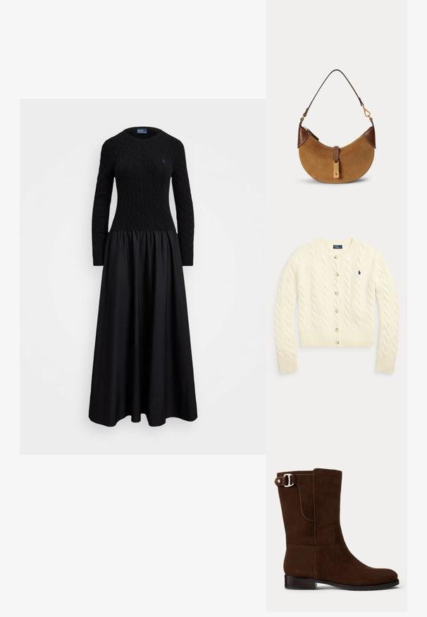 Cremefarbener Cardigan mit Zopfmuster, langen Ärmeln, Knopfleiste vorne, gerippten Bündchen und Saum sowie einem marineblau bestickten Polo Ralph Lauren-Logo auf der Brust.; Schwarzes Kleid mit einem strukturierten Zopfmuster-Oberteil und einem fließenden, gerafften Rock. Rundhalsausschnitt und lange Ärmel.; Braune Wildleder-Ankle Boots mit runder Zehenform, niedrigem Blockabsatz und silbernem Metallschnallenakzent an der Seite. Glatte Textur, schlichtes Design.; Braune Wildleder-Halbmonden-Handtasche mit dunkelbraunen Lederakzenten, goldfarbenen Beschlägen und kurzem Schulterriemen.