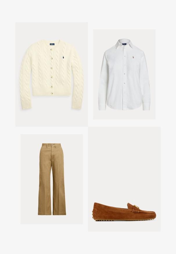 Cremefarbener Cardigan mit Zopfmuster, langen Ärmeln, Knopfleiste vorne, gerippten Bündchen und Saum sowie einem marineblau bestickten Polo Ralph Lauren-Logo auf der Brust.; Weißes Hemd mit langen Ärmeln, Knopfleiste, Kragen und kleinem besticktem Logo auf der linken Brust, vor einfachem Hintergrund dargestellt.; Beige weit geschnittene Hose mit vorderen Falten, Gürtelschlaufen und Knopfverschluss auf hellem einfarbigem Hintergrund.; Brauner Veloursleder-Slipper mit goldener Schnalle und gummierter genoppter Sohle, von der Seite auf einfarbigem Hintergrund gesehen.