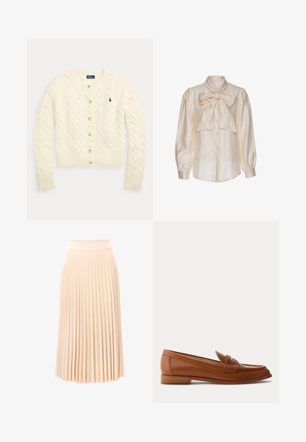Cremefarbener Cardigan mit Zopfmuster, langen Ärmeln, Knopfleiste vorne, gerippten Bündchen und Saum sowie einem marineblau bestickten Polo Ralph Lauren-Logo auf der Brust.; Cremefarbene Satinbluse mit langen Puffärmeln, Knopfleiste vorne und großer, gebundener Schleife am Kragen.; Faltenrock in Midi-Länge aus weichem Pfirsichstoff. Verfügt über einen strukturierten Taillenbund und ein fließendes Design mit vertikalen Falten. Glattes, leichtes Material.; Brauner Lederloafer mit niedrigem Holzabsatz, klassischem Pennyriemen und genähten Details entlang der Zehen- und Seitenpartien.