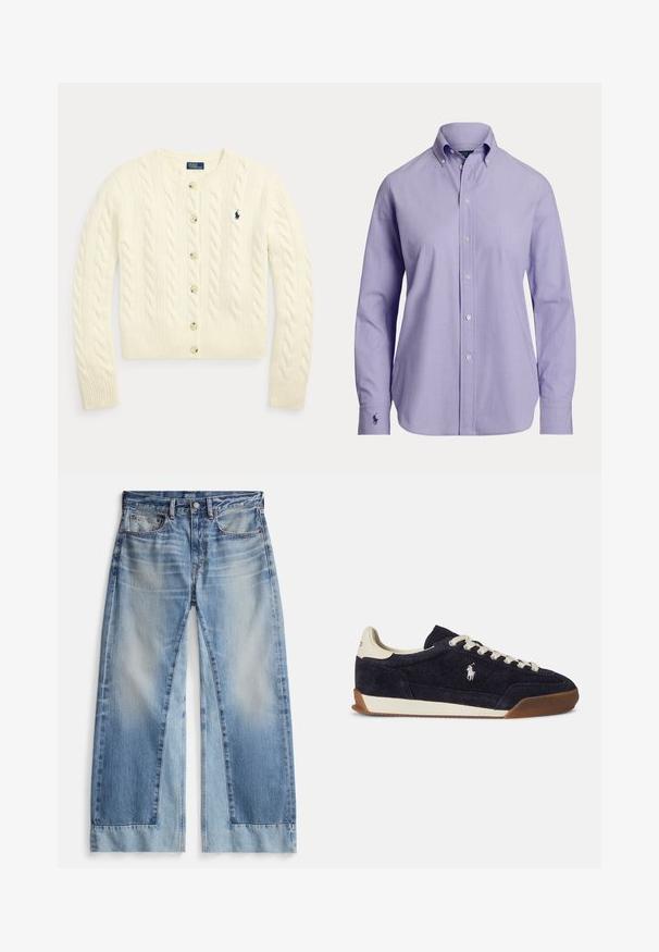Cardigan en maille torsadée crème à manches longues, fermeture boutonnée, poignets et ourlet côtelés, avec logo Polo Ralph Lauren brodé en bleu marine sur la poitrine.; Chemise homme à manches longues violet clair, col boutonné et logo brodé sur le poignet gauche.; Jean large bleu clair avec un effet délavé, doté de deux poches avant, d'une braguette à boutons et d'ourlets effilochés. Fabriqué en tissu denim.; Baskets en daim bleu avec accents crème, bout rond, lacets blancs et semelle en caoutchouc gomme texturée, avec un petit logo sur le côté.