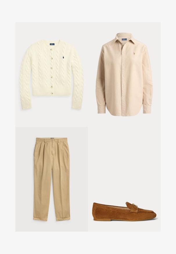 Cremefarbener Cardigan mit Zopfmuster, langen Ärmeln, Knopfleiste vorne, gerippten Bündchen und Saum sowie einem marineblau bestickten Polo Ralph Lauren-Logo auf der Brust.; Beige langärmliges Hemd mit Knopfverschluss und Kragen, mit einem kleinen gestickten Logo auf der linken Brust und klassischen Manschetten.; Helle beige Baumwollhose mit lockerer Passform, ausgestattet mit Bundfalten, Seitentaschen und einem umgeschlagenen Saum.; Brauner Wildleder-Loafer mit einem goldfarbenen Metallschnallendetail oben und einer flachen Absatzsohle.