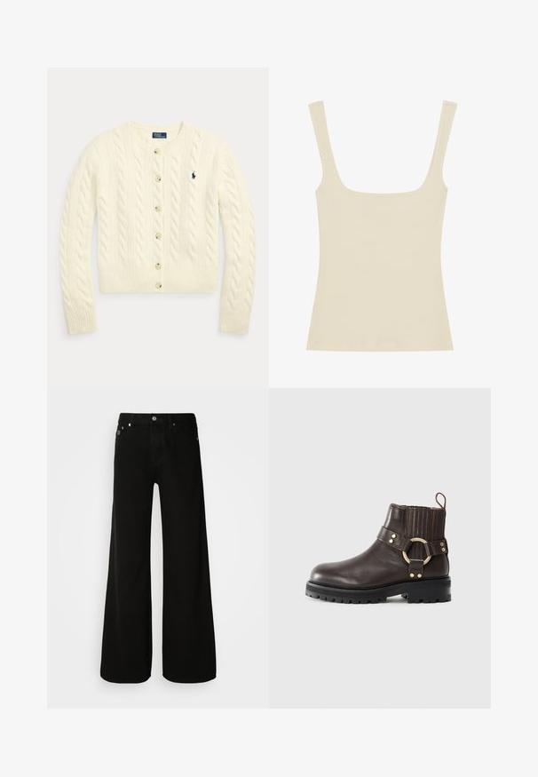 Kremfarvet kabelstrikket cardigan med lange ærmer, knapper foran, ribstrikkede manchetter og kant samt navyblåt broderet Polo Ralph Lauren-logo på brystet.; Ribbet tanktop i lys beige med firkantet halsudskæring og tynde skulderstropper, lavet af blødt og strækbart stof.; Sorte vide ben jeans lavet af denim, med høj talje, klassisk fem-lomme design og sølvfarvet knaplukning.; Brune læder ankelstøvle med elastiske sidepaneler, guldringe accent og kraftig sort sål. Har brogue-detaljer på overdelen.