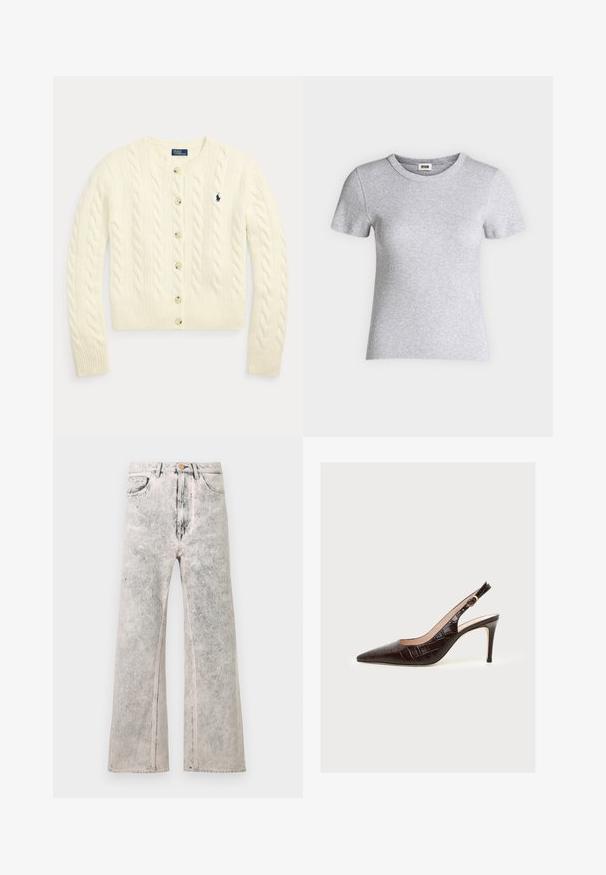 Cardigan en maille torsadée crème à manches longues, fermeture boutonnée, poignets et ourlet côtelés, avec logo Polo Ralph Lauren brodé en bleu marine sur la poitrine.; T-shirt gris clair côtelé ajusté à manches courtes, col rond et petite étiquette de marque à l’intérieur du col.; Jean denim gris clair à jambes larges avec une texture délavée, taille haute, cinq poches et une fermeture à bouton à l'avant.; Chaussure à talon haut slingback en cuir marron foncé avec un bout pointu et une boucle dorée sur un fond clair uni.