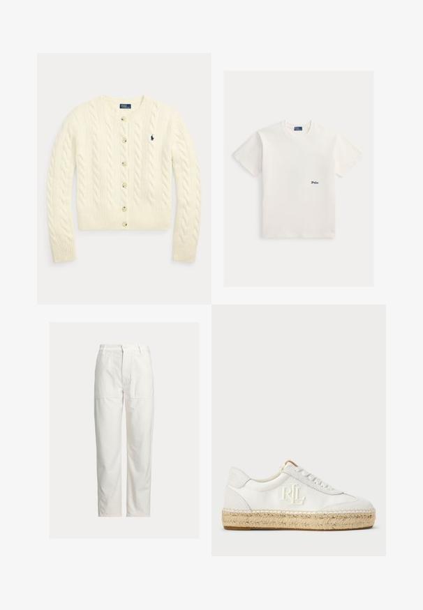 Cremefarbener Cardigan mit Zopfmuster, langen Ärmeln, Knopfleiste vorne, gerippten Bündchen und Saum sowie einem marineblau bestickten Polo Ralph Lauren-Logo auf der Brust.; Weißes Baumwoll-T-Shirt mit kurzen Ärmeln, Rundhalsausschnitt und einem kleinen, marineblauen, gestickten "Polo"-Logo auf der linken Brust.; Weiße Hose mit geradem Bein, großen aufgesetzten Taschen vorne, Gürtelschlaufen und Knopfverschluss in der Taille.; Weiße Leinenschuhe mit einer strukturierten Espadrille-Sohle, gesticktem RL-Logo an der Seite und traditionellen runden Schnürsenkeln.