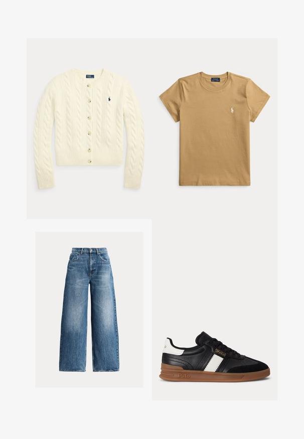Cremefarbener Cardigan mit Zopfmuster, langen Ärmeln, Knopfleiste vorne, gerippten Bündchen und Saum sowie einem marineblau bestickten Polo Ralph Lauren-Logo auf der Brust.; Beige Polo Ralph Lauren T-Shirt mit kurzen Ärmeln, Rundhalsausschnitt und kleinem weiß besticktem Logo auf der linken Brust.; Blaue Jeans mit weitem Bein, fünf Taschen, Knopfverschluss und ausgebleichten Details vorne und an den Oberschenkeln.; Schwarzer Ledersneaker mit weißem Streifen, brauner Gummisohle und Polo-Logo an der Seite und Ferse, von der Außenseite betrachtet.