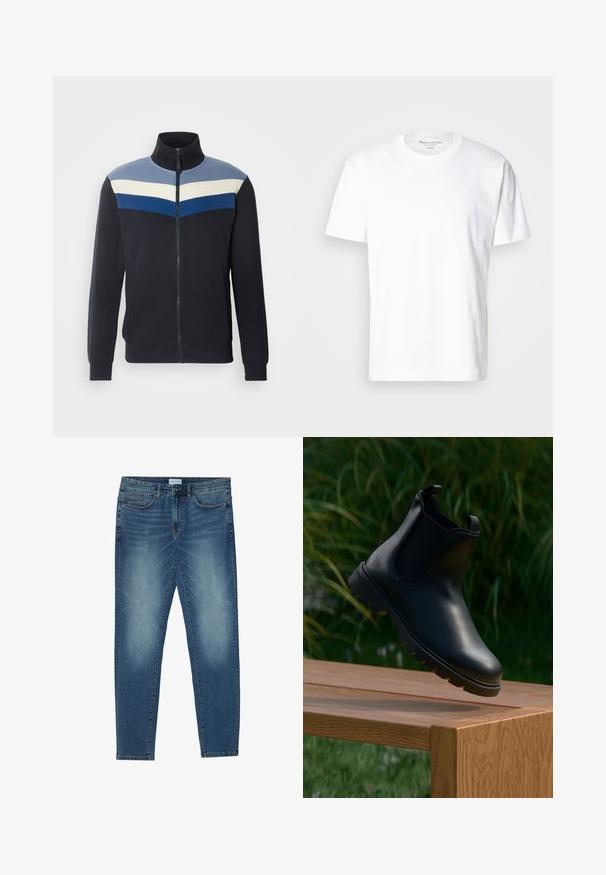 Sweat-shirt zippé marine avec col montant, présentant des rayures horizontales en bleu clair, crème et bleu foncé sur la poitrine.; T-shirt en coton blanc avec un col rond et des manches courtes. Présente un détail de logo subtil sur le devant. Texture lisse, coupe décontractée.; Jean en denim bleu moyen avec un délavage léger, design à cinq poches, coupe droite et accents cousus. Fermeture par bouton et zip.; Bottine Chelsea en cuir noir avec un bout arrondi, des panneaux latéraux élastiques, des languettes de tirage et une semelle en caoutchouc texturé, posée sur une surface en bois.