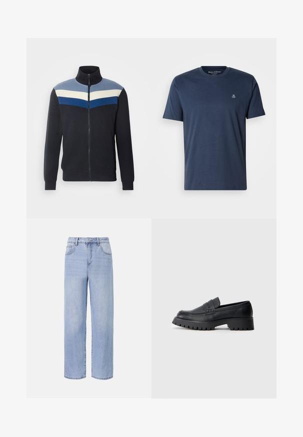 Sweat-shirt zippé marine avec col montant, présentant des rayures horizontales en bleu clair, crème et bleu foncé sur la poitrine.; T-shirt en coton bleu marine avec col rond et manches courtes, présentant un petit logo blanc "MOP" sur le côté gauche de la poitrine. Texture lisse.; Jean en denim bleu clair avec une coupe décontractée et des jambes larges. Les caractéristiques incluent cinq poches, une fermeture à bouton à l'avant et une décoloration subtile.; Mocassins en cuir noir avec un bout arrondi, présentant une sangle décorative et une semelle en caoutchouc épaisse avec de profonds crampons pour une meilleure adhérence.