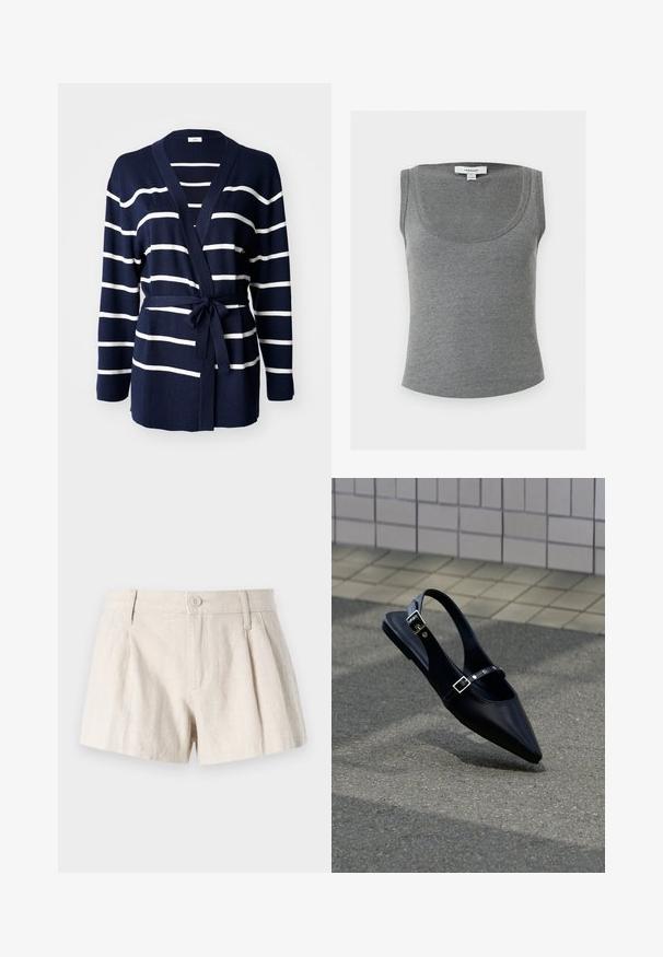 Navy- und weiß gestreifte Strickjacke aus weichem Material, mit Wickeldesign, langen Ärmeln und einem Bindegürtel in der Taille.; Grau geripptes ärmelloses Tanktop mit Rundhalsausschnitt, mit einem kleinen weißen Topshop-Etikett am hinteren inneren Kragen.; Leinen-Shorts in einem hellbeigen Farbton, mit einem plissierten Design, vorderem Knopfverschluss und einer glatten, strukturierten Oberfläche.; Schwarzer Slingback-Flachschuh mit spitz zulaufender Spitze und doppelten Schnallenriemen, ruhend auf grauem Asphalt nahe einer gefliesten Wand.