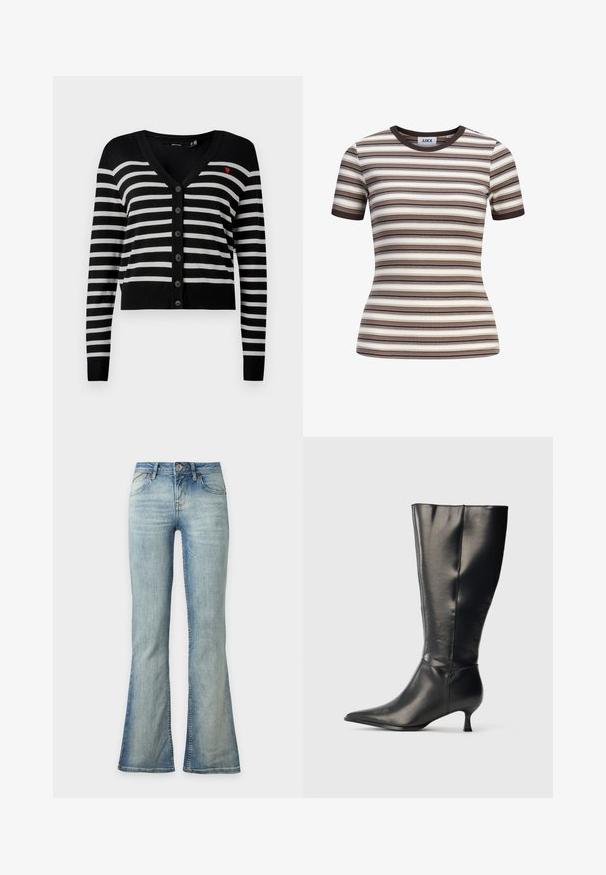 Schwarz-weiße, horizontal gestreifte, knöpfbare Strickjacke mit langen Ärmeln und einem kleinen roten Herz, das auf der linken Brust gestickt ist.; Eng anliegendes, kurzärmeliges Rippenoberteil mit horizontalen Streifen in Braun, Beige, Creme und Schwarz sowie dunkelbraunem Rundhalsausschnitt und Ärmelbündchen.; Hellblaue Jeans aus Denim mit leicht ausgestelltem Bein unten, vorderer Knopf- und Reißverschluss sowie vorderen Taschen.; Schwarzer kniehoher Lederstiefel mit spitzer Zehenpartie und niedrigem Kittenabsatz, präsentiert vor einem schlichten hellen Hintergrund.