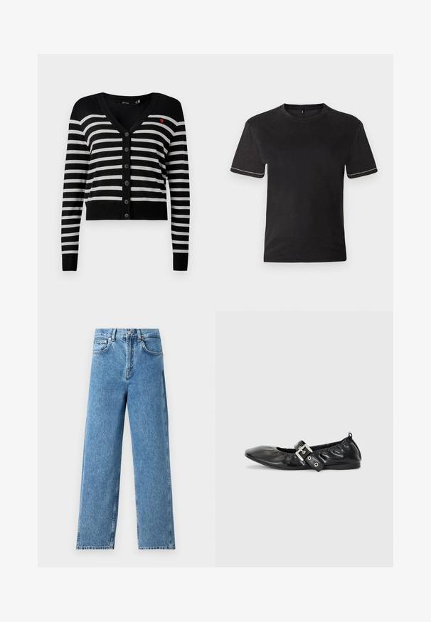 Schwarz-weiße, horizontal gestreifte, knöpfbare Strickjacke mit langen Ärmeln und einem kleinen roten Herz, das auf der linken Brust gestickt ist.; Schwarzes Baumwoll-T-Shirt mit kurzen Ärmeln, Rundhalsausschnitt und kontrastierenden weißen Nähten an den Ärmelsäumen. Glatte Textur, lockere Passform.; Hellblaue gerade geschnittene Jeans aus Denim, mit hoher Taille, vorderem Knopfverschluss und Fünf-Taschen-Design mit sichtbaren Nähten.; Schwarze Leder-Ballerinas mit spitzem Zehenbereich, gerafften Details am Schaft und einem silbernen Schnallenakzent am verstellbaren Riemen.