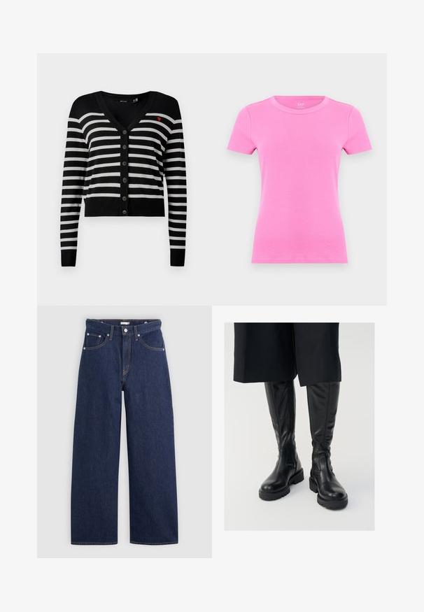 Schwarz-weiße, horizontal gestreifte, knöpfbare Strickjacke mit langen Ärmeln und einem kleinen roten Herz, das auf der linken Brust gestickt ist.; Helles pinkfarbenes, kurzärmeliges, geripptes Baumwoll-T-Shirt mit Rundhalsausschnitt, dargestellt auf weißem Hintergrund.; Dunkelblaue Denim-Hose im weiten Schnitt mit hoher Taille, ausgestattet mit fünf Taschen, Gürtelschlaufen und Kupfernähten. Glatte Textur.; Schwarze kniehohe Stiefel aus Leder mit glatter Textur, stabilen Sohlen und seitlichen Reißverschlüssen. Das Design weist dezente Nahtdetails auf.