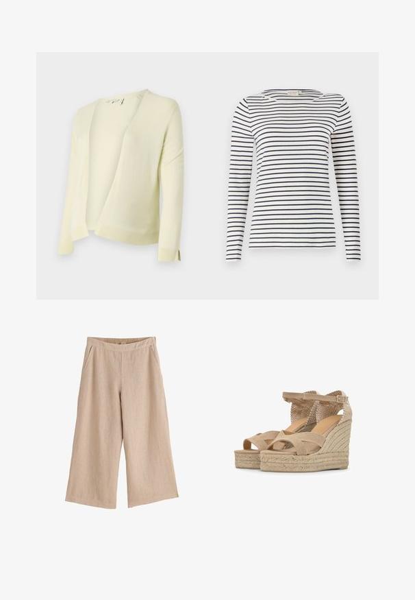 Cardigan tricoté jaune clair avec un décolleté en V, une ouverture sur le devant et des manches longues. Présente un ourlet et des poignets côtelés pour une texture supplémentaire. Matière douce.; Chemise à manches longues rayée en tissu doux, avec des rayures horizontales bleu marine et blanches, un col rond et une coupe ajustée.; Pantalon beige à jambes larges et coupé au-dessus de la cheville, avec une taille élastique et des poches latérales, fabriqué en tissu léger.; Sandales compensées beiges avec talons plateforme tissés, brides croisées sur les orteils et brides de cheville ajustables avec boucles.