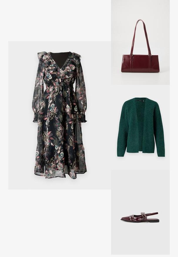 Vero Moda VMNOVAH - Vest - pine grove; Maxi-jurk met bloemenprint en lange, doorschijnende mouwen. Zwarte stof met roze, turquoise en gouden bloemmotieven. Met een geplooide taille en een geruilde halslijn.; Bordeaux glanzend leren slingback platte schoen met een puntige neus, uitgerust met decoratieve banden met metallic accenten.; Bourgondische handtas van glanzend materiaal, rechthoekige vorm, met twee schouderbanden en subtiele gebogen accenten aan de voorkant.