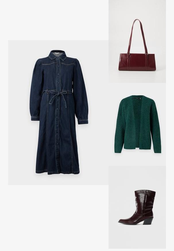 Vero Moda VMNOVAH - Gilet - pine grove; Robe en denim bleu foncé avec un col, des boutons à l'avant, de longues manches bouffantes et une ceinture nouée à la taille. Comprend des détails de couture.; Bottines en cuir bourgogne avec un bout pointu, une surface texturée et un petit talon effilé. Présente une couture discrète et un ajustement confortable.; Sac à main bordeaux en matériau brillant, de forme rectangulaire, avec deux anses et des accents légèrement courbés à l'avant.