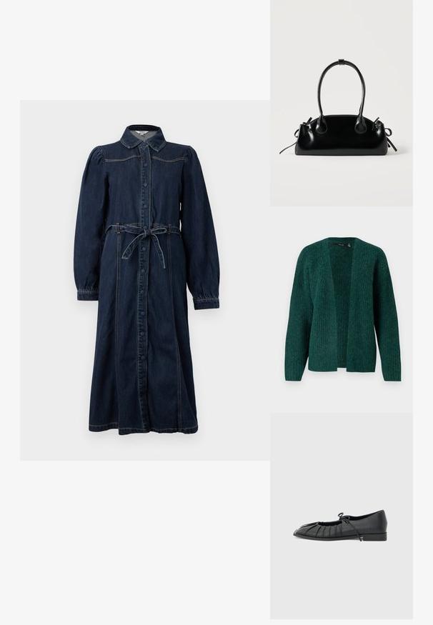 Vero Moda VMNOVAH - Cardigan - pine grove; Mørkeblå denimkjole med krave, frontknapper, lange pufærmer og en bælte i taljen. Har syninger som detalje.; Sort flad sko med plisseret forstykke og bundet sløjfe på toppen, lav hæl og glat tekstur på en lysegrå baggrund.; Lille sort blank håndtaske med to lange håndtag og snøre-detaljer i siden på en ensfarvet lys baggrund.