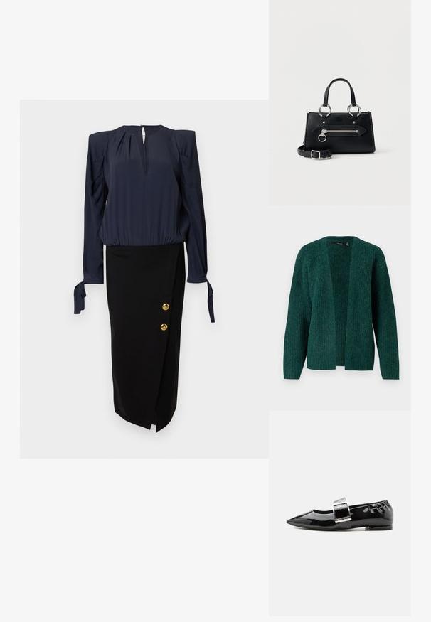 Vero Moda VMNOVAH - Ζακέτα - pine grove; Μπλε σκούρο μπλούζα με φουσκωτά μανίκια και λαιμόκοψη με άνοιγμα, συνδυασμένη με μαύρη μολυβοειδή φούστα με χρυσά κουμπιά στο πλάι.; Μαύρο παπούτσι από λουστρίνι με μυτερή μύτη, ελαστική πλάτη και μεγάλο ασημένιο πόμολο στη λωρίδα στο πάνω μέρος.; Μαύρη τσάντα χειρός από δέρμα με ασημένια τσέπη με φερμουάρ και κρίκο στη λάμα του φερμουάρ, διπλές λαβές με ασημένιους κρίκους και αποσπώμενο λουρί με αγκράφα.
