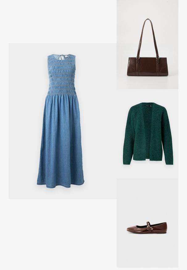 Vero Moda VMNOVAH - Vest - pine grove; Mouwloze blauwe denim midi-jurk met geplooid bovenstuk, ronde halslijn en striksluiting aan de achterkant.; Bruine gepatineerde leren balletschoen met een vierkante neus en een bandje met een kleine gouden gesp. Gladde textuur, lage hak en minimalistisch ontwerp.; Bruine lakleren handtas met een rechthoekige vorm, twee lange handvatten en subtiele gebogen accenten aan de voorkant.