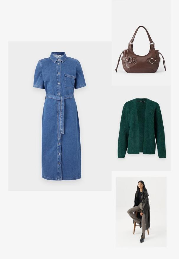 Vero Moda VMNOVAH - Cardigan - pine grove; Lysblå denimkjole med korte ærmer, knaplukning foran, brystlomme og et matchende bælte i taljen.; Sort læder trench coat med knapper og bælte detalje, parret med lysebrune tætsiddende bukser og sorte loafers, siddende på en træstol.; Brun læderhåndtaske med rund form, sølvhardware, to sideskuldre og en glat tekstur. Har en enkelt toppen håndtag.