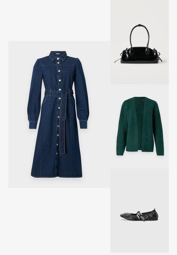 Vero Moda VMNOVAH - Gilet - pine grove; Robe en denim bleu foncé avec des manches longues, fermeture à boutons sur le devant, col et une ceinture assortie à la taille ; présente des coutures discrètes et des poches.; Chaussure plate en cuir noir avec un nez pointu, des détails froncés autour de l'ouverture et un accent en boucle argentée sur la bride ajustable.; Petit sac à main noir brillant avec deux longues anses et des détails à cordon sur les côtés sur un fond clair uni.