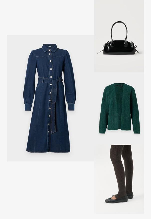 Vero Moda VMNOVAH - Vest - pine grove; Donkerblauwe denim jurk met lange mouwen, knoopsluiting aan de voorkant, kraag en een bijpassende riem in de taille; heeft subtiele stiksels en zakken.; Benen met donkere geribbelde leggings gecombineerd met zwarte ballerina's met kleine strikdetails op een witte achtergrond.; Kleine zwarte glanzende handtas met twee lange hengsels en zijkant trekkoord details op een effen lichte achtergrond.