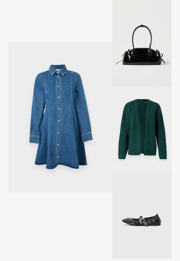 Vero Moda VMNOVAH - Chaqueta de punto - pine grove; Vestido de denim azul de manga larga con cuello, cierre frontal de botones y detalles en las costuras, con un ligero vuelo en el dobladillo.; Zapato plano de piel negra con puntera afilada, detalle fruncido alrededor de la abertura y un acento de hebilla plateada en la correa ajustable.; Pequeño bolso negro brillante con dos asas largas y detalles de cordón lateral sobre un fondo claro liso.