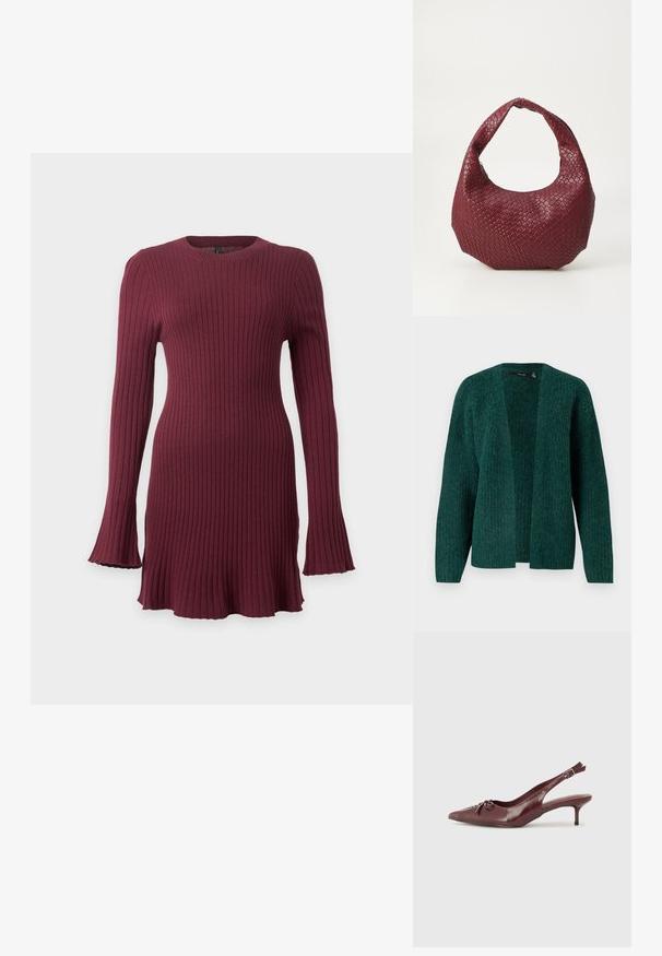 Vero Moda VMNOVAH - Vest - pine grove; Langmouwige ribgebreide jurk in diep bordeaux met uitlopende manchetten en zoom, aansluitend rondom torso en taille.; Bordeaux leren slingback hak met een spitse neus, verstelbare band en decoratieve strikdetails aan de voorkant. Hakhoogte van 7,5 cm.; Geweven bordeaux handtas met een afgeronde silhouet, een enkele handgreep en een gestructureerde afwerking. Ritssluiting aan de bovenkant.