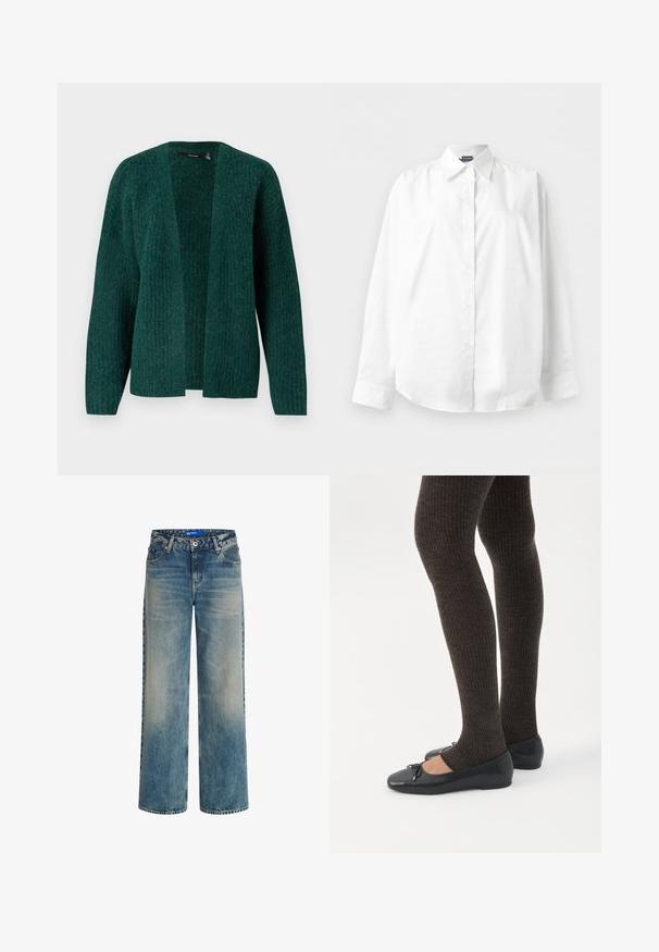 Vero Moda VMNOVAH - Chaqueta de punto - pine grove; Camisa blanca de manga larga con botones y cuello puntiagudo, mostrada extendida sobre un fondo blanco liso.; Jeans de mezclilla azul claro de pierna ancha con cintura alta, diseño de cinco bolsillos y un leve deslavado. Presentan un cierre de cremallera y una etiqueta con la marca en el interior.; Piernas con leggings oscuros acanalados combinados con bailarinas negras que presentan pequeños detalles de lazo sobre un fondo blanco.