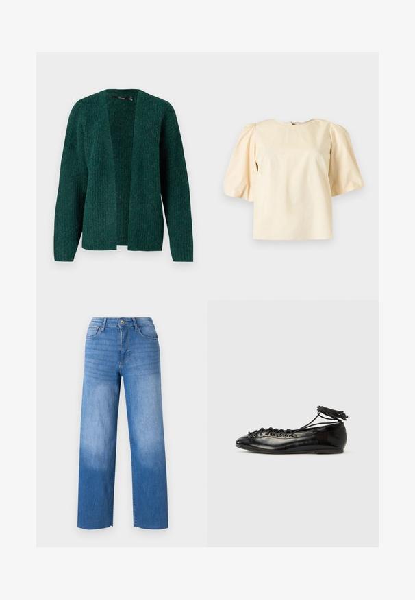 Vero Moda VMNOVAH - Chaqueta de punto - pine grove; Blusa de color crema con mangas cortas abullonadas y cuello redondo sobre un fondo liso.; Jeans de denim azul claro con corte de pierna ancha, que cuentan con cinco bolsillos, cremallera y un ligero desgaste en los muslos. Bordes con acabado limpio.; Zapatos planos tipo ballet de charol negro con punta redondeada, diseño con cordones y suela plana. Textura lisa con detalles mínimos.
