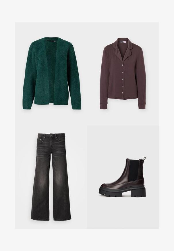 Vero Moda VMNOVAH - Ζακέτα - pine grove; Σκούρο καφέ πουκάμισο με μακριά μανίκια, γιακά και πέντε λευκά κουμπιά, εμφανιζόμενο σε απλό ανοιχτό γκρι φόντο.; Μαύρο τζιν παντελόνι με φαρδιά μπατζάκια και ξεθωριασμένες λεπτομέρειες, σχεδιασμός με πέντε τσέπες, κούμπωμα με κουμπί και φερμουάρ.; Σκούρο καφέ δερμάτινο μποτάκι μέχρι τον αστράγαλο με χοντρή μαύρη σόλα και μαύρη ελαστική πλαϊνή επένδυση, με λουράκι στο πίσω μέρος, απομονωμένο σε ανοιχτό γκρι φόντο.
