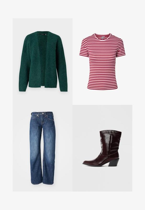 Vero Moda VMNOVAH - Neuletakki - pine grove; Lyhythihainen, ribbineuloksesta valmistettu t-paita, jossa on vaakasuorat punaiset ja vaaleanpunaiset raidat sekä pyöreä pääntie.; Tummansiniset farkut suoralla lahkeella, joissa on viisi taskua ja nappikiinnitys edessä. Hienovaraiset kulumat reiden kohdalla.; Burgundin väriset nahka nilkkakengät, joissa on terävä kärki, teksturoitu pinta ja kapeneva matala korko. Ominaisuuksiin kuuluu hienovarainen ommel ja mukautuva istuvuus.