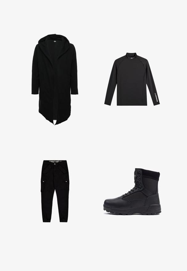 Urban Classics LONG HOODED OPEN EDGE - Φούτερ με φερμουάρ - black; Μαύρο αθλητικό μπλουζάκι με μακρύ μανίκι και ψευτογύρο λαιμό, στενή εφαρμογή και λευκό λογότυπο "J.Lindeberg" στο αριστερό μανίκι και στον γιακά.; Μαύρο cargo παντελόνι φτιαγμένο από βαμβάκι, με πολλές τσέπες, στενή εφαρμογή και ελαστικές μανσέτες στους αστραγάλους.; Μαύρη τακτική μπότες με λείος δερμάτινη επάνω επιφάνεια και υφασμάτινες πάνελ, ψηλή σχεδίαση στον αστράγαλο, δεσίματα μπροστά και ανθεκτική ελαστική σόλα.