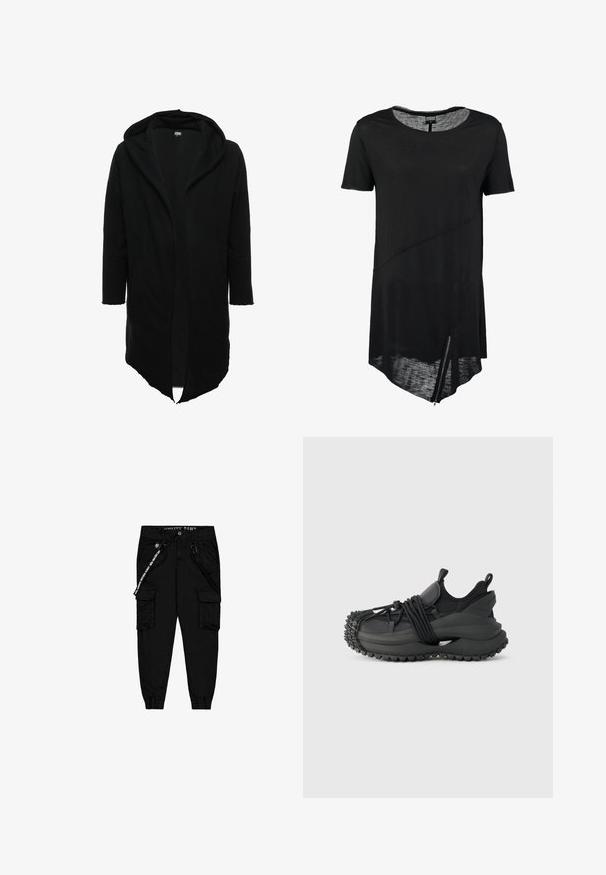 Urban Classics LONG HOODED OPEN EDGE - Φούτερ με φερμουάρ - black; Μαύρη κοντομάνικη μπλούζα με στρογγυλή λαιμόκοψη, ασύμμετρο στρίφωμα, διάφανη υφή και λεπτομέρεια με φερμουάρ στο πλάι. Μαλακό, ελαφρύ ύφασμα.; Μαύροι cargo παντελόνια από ελαφρύ ύφασμα, με δύο πλαϊνές τσέπες, ελαστική μέση και ρυθμιζόμενα μανίκια αστραγάλου.; Emporio Armani Αθλητικά παπούτσια - black