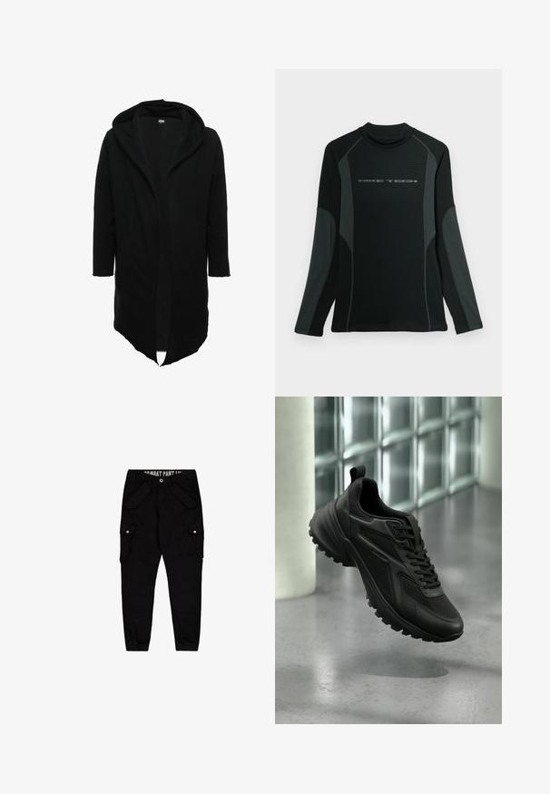Urban Classics LONG HOODED OPEN EDGE - Φούτερ με φερμουάρ - black; Μαύρο μακρυμάνικο μπλουζάκι με ψηλό γιακά, φτιαγμένο από υφασμάτινη υφή. Διαθέτει γκρι πλαϊνές ρίγες και το λογότυπο "NIKE TECH" σε όλο το στήθος.; Μαύρο cargo παντελόνι φτιαγμένο από βαμβάκι, με πολλές τσέπες, στενή εφαρμογή και ελαστικές μανσέτες στους αστραγάλους.; Μαύρο αθλητικό παπούτσι με υφή στη σόλα και κορδόνια, αιωρούμενο πάνω από γκρι δάπεδο με φόντο τοίχο από γυάλινους κύβους.