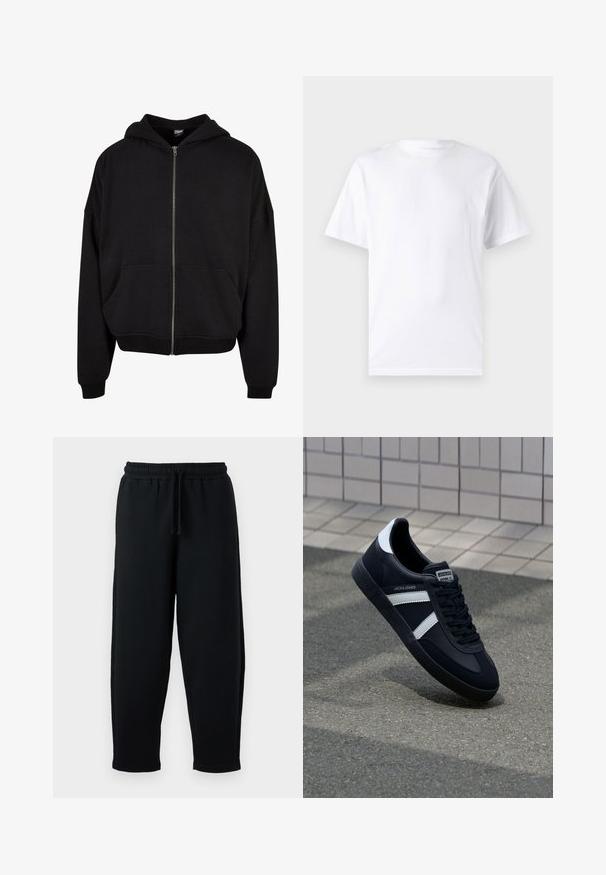 Schwarze Zip-Hoodie mit Kapuze, langen Ärmeln und zwei Fronttaschen. Hergestellt aus weichem Baumwollmischgewebe mit gerippten Bündchen und Saum.; Weißes kurzärmeliges T-Shirt aus Baumwolle mit Rundhalsausschnitt, das eine glatte Textur und ein einfaches Design ohne Muster oder Akzente aufweist.; Schwarze Sweatpants mit einem elastischen Bund und Kordelzug. Hergestellt aus weichem Material, mit einem lockeren Schnitt und tapered Bein Design.; Schwarze Leder-Sneaker mit weißen Streifen, strukturiertem Gummisohle und Schnürung. Verfügt über ein Markenetikett auf der Zunge.
