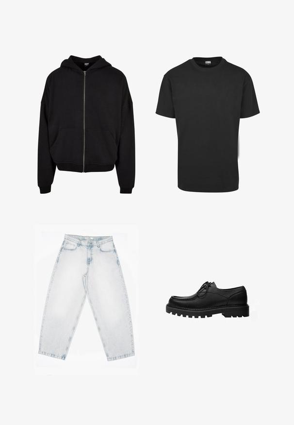 Haut à capuche zippé noir avec capuche, manches longues et deux poches avant. Fait en mélange de coton doux avec des poignets et un ourlet côtelés.; T-shirt en coton noir à manches courtes, col rond et coupe standard. Le tissu semble lisse et sans décoration.; Jean en denim délavé clair avec une taille haute, des jambes droites et larges, une fermeture à boutons et zip, ainsi que des poches à l'avant et à l'arrière.; Chaussure noire en cuir à lacets avec une semelle épaisse et robuste et des coutures détaillées sur la tige, conçue pour un usage formel ou décontracté.