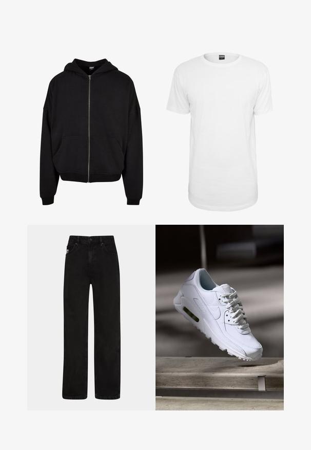 Schwarze Zip-Hoodie mit Kapuze, langen Ärmeln und zwei Fronttaschen. Hergestellt aus weichem Baumwollmischgewebe mit gerippten Bündchen und Saum.; Weißes kurzärmeliges T-Shirt aus Baumwolle mit einem klassischen Rundhalsausschnitt, lockerem Schnitt und ohne sichtbare Muster oder Logos.; Schwarze Denim-Jeans mit geradem Schnitt, ausgestattet mit frontalen Taschen, einem Knopfverschluss und einem dezenten Logo-Patch am Bund.; Weiße Lederturnschuhe mit strukturierten Oberflächen, gepolstertem Kragen und sichtbarer Luftpolsterung in der Sohle. Verfügt über Schnürsenkel und ein minimalistisches Design.