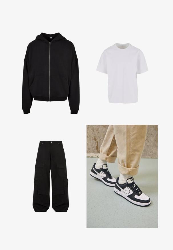 Haut à capuche zippé noir avec capuche, manches longues et deux poches avant. Fait en mélange de coton doux avec des poignets et un ourlet côtelés.; T-shirt blanc à manches courtes en coton doux, avec un col rond et une coupe décontractée à ourlet droit. Aucun motif ni accent visible.; Pantalons cargo noirs en coton durable avec une coupe décontractée. Comprend plusieurs poches utilitaires et un design à jambes droites.; Baskets Nike Air Force 1 en noir et blanc avec un dessus en cuir, orteil perforé et détail de semelle texturée, portées avec un pantalon beige retroussé et des chaussettes blanches.