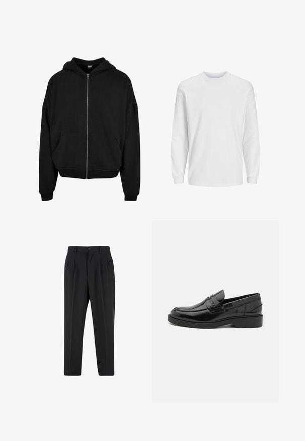 Schwarze Zip-Hoodie mit Kapuze, langen Ärmeln und zwei Fronttaschen. Hergestellt aus weichem Baumwollmischgewebe mit gerippten Bündchen und Saum.; Weißes Langarm-T-Shirt aus Baumwolle. Verfügt über einen Rundhalsausschnitt und ein schlichtes Design ohne Muster oder Verzierungen. Weiche, glatte Textur.; Schwarze, maßgeschneiderte Hose mit vorderen Bundfalten, Gürtelschlaufen und Knopfverschluss an der Taille.; Schwarze Lederloafers mit glatter Oberfläche, abgerundetem Zehenbereich, niedrigem Absatz und dekorativer Naht entlang der Vorderseite. Gummisohle für guten Halt.