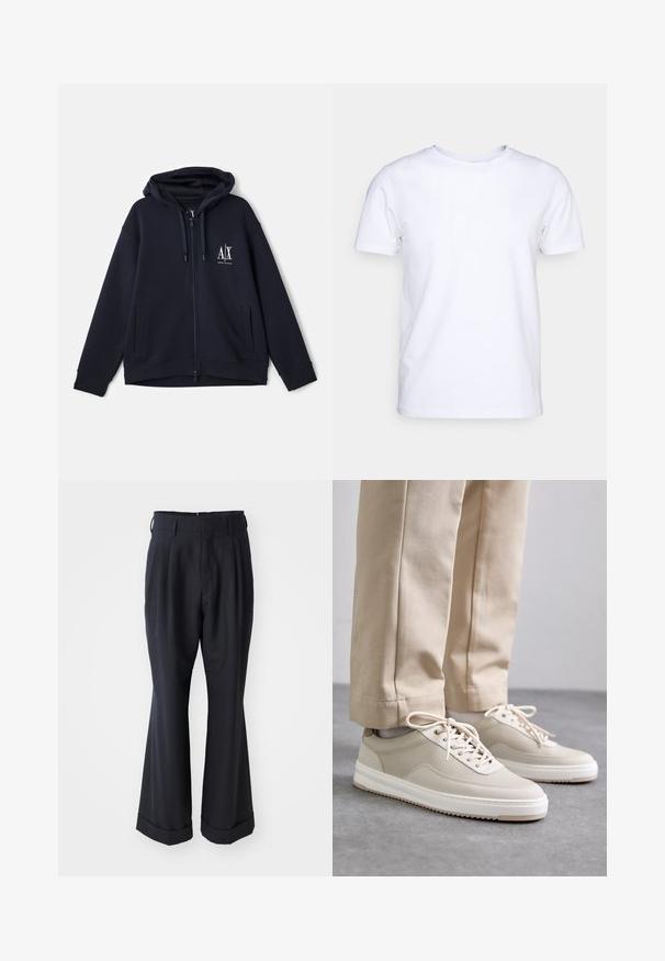 Sweat-shirt à zip bleu marine en tissu doux, avec un logo sur le devant, deux poches latérales et une capuche réglable avec cordon. Design à coupe décontractée.; T-shirt blanc à manches courtes en tissu de coton avec un col rond. Design simple sans motifs ni accents. Texture lisse.; Pantalons noirs ajustés avec une coupe décontractée, devant plissé et jambes larges. Caractéristiques d'un ourlet à retournement et d'une texture de tissu lisse.; Baskets beiges avec un dessus texturé, semelles blanches et accents cousus, assorties à un pantalon beige, présentées sur une surface grise.