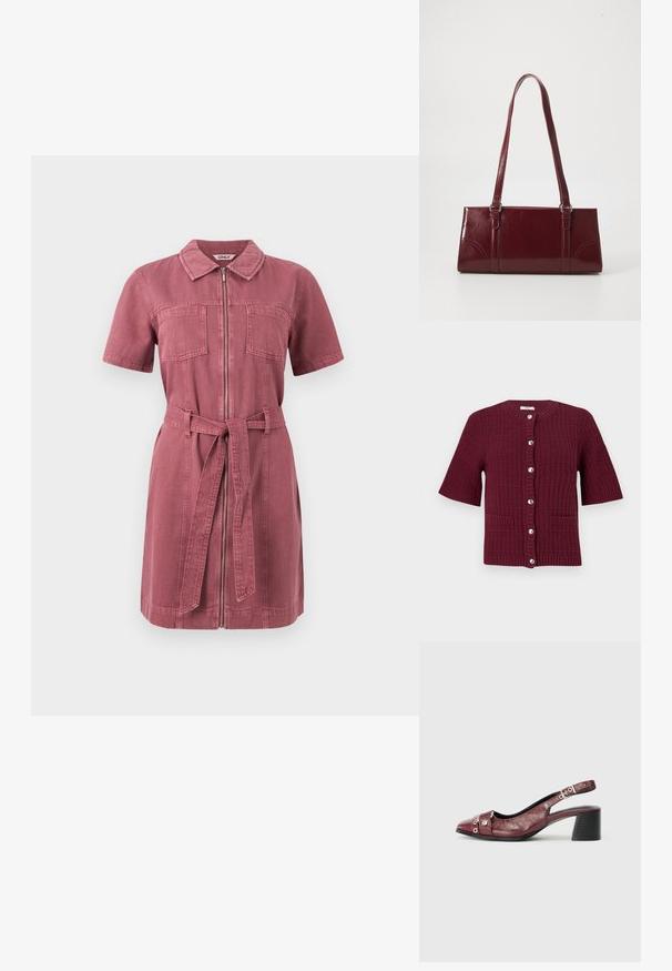 Bordeaux kortærmet cardigan med et struktureret strikdesign, rund hals, sølvknapper og to frontlommer.; Kortærmet støvet rosa denimkjole med frontlynlås, to brystlommer, krave og matchende stofbælte bundet i taljen.; Bordeauxfarvet læderslippersko med rund tå, buet design, sølvhardwaredetaljer og blokhæl. Tekstureret finish.; Bordeaux håndtaske lavet af glansfuldt materiale, rektangulær form, med to skulderremme og subtile buede detaljer på forsiden.