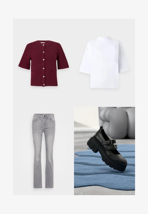 Cardigan bordeaux à manches courtes avec un design en mailles texturées, col rond, boutons argentés et deux poches avant.; Haut blanc en coton à manches courtes avec un col montant et arrondi et une coupe ample. Texture lisse, sans motifs ni accents visibles.; Jeans en denim gris avec une coupe évasée, présentant un style classique à cinq poches et une fermeture à boutons. Tissu texturé avec un léger dégradé.; Chaussures en cuir noir avec doubles brides à boucle et semelles épaisses striées. La chaussure est placée sur un tapis bleu texturé.