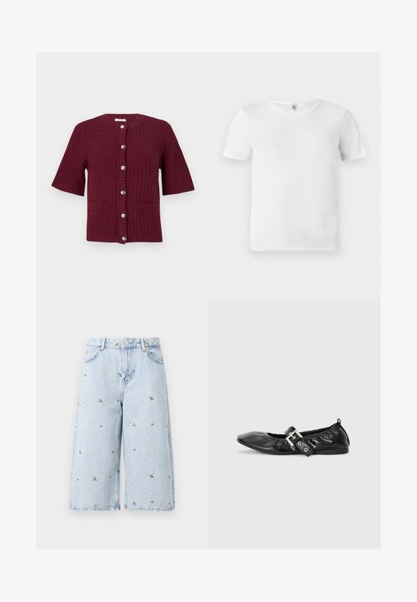 Bordeaux kortærmet cardigan med et struktureret strikdesign, rund hals, sølvknapper og to frontlommer.; Hvid kortærmet t-shirt med ribbet tekstur. Klassisk crew neckline, ingen synlige logoer eller mønstre, og et simpelt, rent design.; Lysvasket denimshorts med blomsterbroderi, der inkluderer margueritter og grønne blade. Klassisk fem-lomme design og en frynset kant.; Sorte læder flade sko med spids tå, samling detaljer omkring åbningen, og en sølv spænde accent på den justerbare rem.