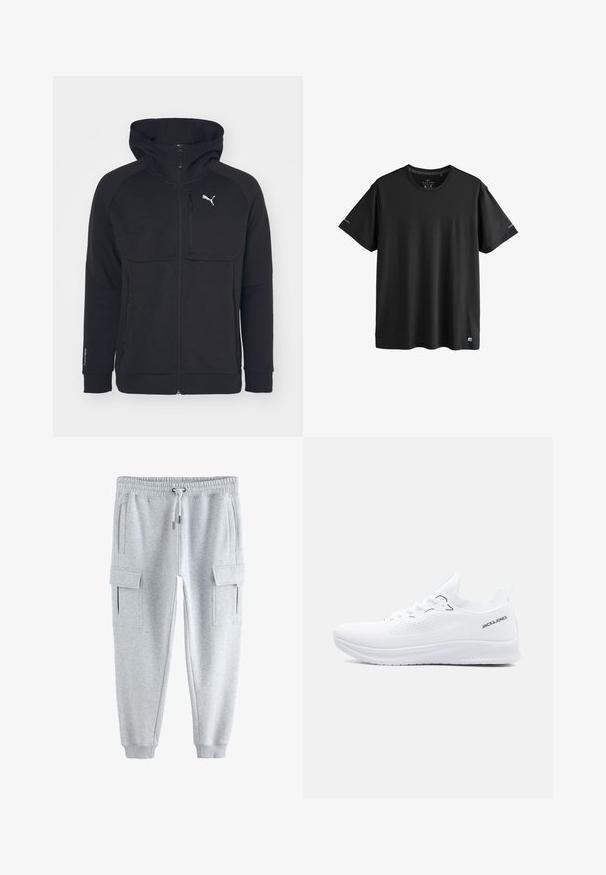 Sort zip-up hættejakke lavet af blødt stof, med hætte, sidelommer og et hvidt logo på venstre bryst. Glat tekstur med en moderne pasform.; Sort aktivtøj T-shirt med korte ærmer og rund hals, med diskrete logoer på ærmerne og nederste kant, størrelse medium.; Lysegrå joggingbukser med elastisk talje og snøre, sidelommer med klapper og ribbede manchetter ved anklerne.; Hvid strikket lavtop-sneaker med tekstureret sål, snørelukning foran og "JACK & JONES" logo på hælkantens side.