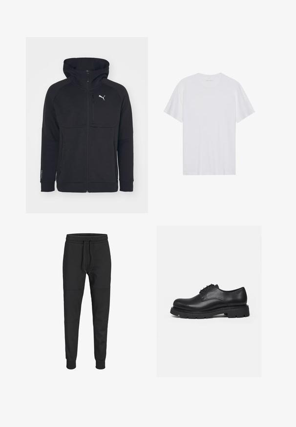 Sort zip-up hættejakke lavet af blødt stof, med hætte, sidelommer og et hvidt logo på venstre bryst. Glat tekstur med en moderne pasform.; Hvid bomulds T-shirt med korte ærmer, rund hals og en glat tekstur. Har minimal branding på halsudskæringen.; Sorte slanke joggebukser med elastisk talje, justerbar snøre, knæ-sømme detaljer og manchetter ved anklerne.; Sort lædersko med snørebånd, kraftig sål med dybe mønstre, rundet tå og syede detaljer, vist fra siden på en ensfarvet baggrund.