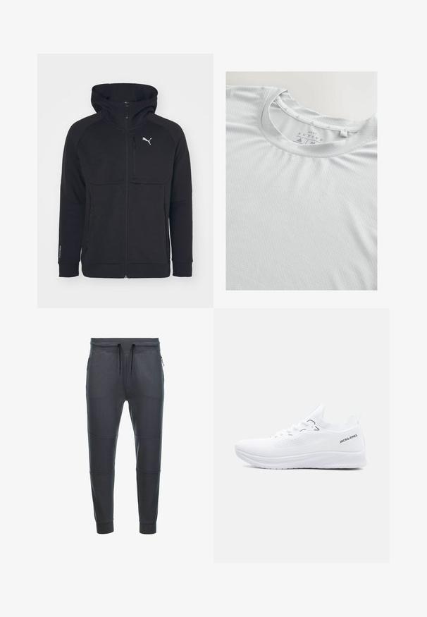 Zwarte rits hoodie, gemaakt van een zachte stof, met een capuchon, zijzakken en een wit logo op de linkerborst. Soepele textuur met een moderne pasvorm.; Lichtgrijze sport T-shirt gemaakt van een gestructureerde stof, met een ronde halslijn en subtiele driehoekige accenten op de kraag.; Donkergrijze sweatpants van zacht materiaal, met een tailleband met trekkoord, twee zijzakken met rits en paneeldetails op de benen.; Witte lage sneaker van gebreid materiaal met een gestructureerde zool, veters aan de voorkant en het "JACK & JONES" logo aan de zijkant van de hielkraag.