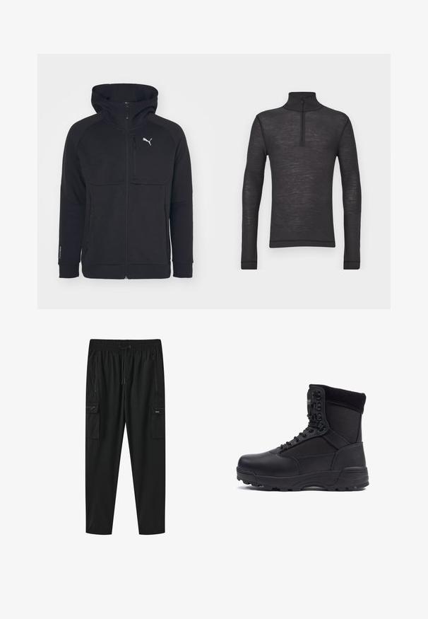 Sort zip-up hættejakke lavet af blødt stof, med hætte, sidelommer og et hvidt logo på venstre bryst. Glat tekstur med en moderne pasform.; Sorte langærmede turtleneck skjorte lavet af et tekstureret stof, med en halvlåzipper ved kraven og tætsiddende ærmer.; Sorte cargobukser med elastisk talje, snøre, to lynlåslommer i siden og to lynlåslommer med klap på lårene.; Sort taktisk støvle med en glat læderoverdel og stofpaneler, høj ankeldesign, snørebånd foran og slidstærk gummisål.