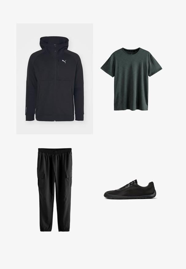 Sort zip-up hættejakke lavet af blødt stof, med hætte, sidelommer og et hvidt logo på venstre bryst. Glat tekstur med en moderne pasform.; Mørkeblå T-shirt lavet af blødt, struktureret stof. Har en klassisk rund hals og korte ærmer med et subtilt mønster. Ingen synlige logoer.; Sorte cargo bukser har en elastisk talje, sidelommer med lynlås og to store cargo lommer med klaplukninger. Glat, letvægtsstof.; Sort sneaker med lav profil, mesh-overdel, snørelukning og fleksibel gummisål vist fra siden mod hvid baggrund.