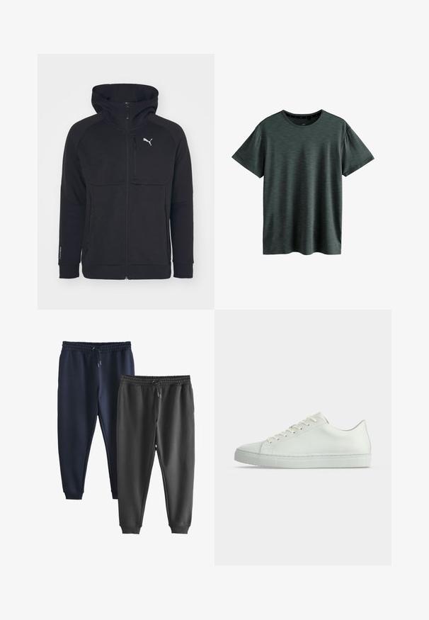 Sort zip-up hættejakke lavet af blødt stof, med hætte, sidelommer og et hvidt logo på venstre bryst. Glat tekstur med en moderne pasform.; Mørkeblå T-shirt lavet af blødt, struktureret stof. Har en klassisk rund hals og korte ærmer med et subtilt mønster. Ingen synlige logoer.; To par sweatpants med elastiske linninger og snore, en mørkeblå og en sort, side om side på en hvid baggrund.; Hvid lavtop sneakers med snørebånd, glat læderoverdel og flad gummisål vist fra siden på en ensfarvet baggrund.